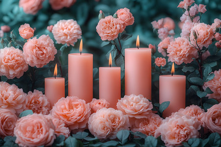 Illuminated candles surrounded by blooming pink roses create a serene and romantic atmosphere, ideal for enhancing home decor, weddings, or relaxation settings. the soft glow and floral elegance evoke tranquility and beauty., Generative AIの素材