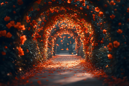 A breathtaking view of a tunnel made entirely of vibrant rose bushes. the vivid red flowers create a mesmerizing canopy above a peaceful pathway, with petals scattered on the ground, evoking a sense of timeless romance and tranquility., Generative AIの素材
