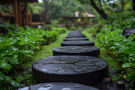 Pathway lined with circular stone stepping stones meanders through lush green garden foliage. the scene exudes tranquility, inviting a sense of peace and connection with nature, enhanced by the gentle raindrops on the stones., Generative AIの素材