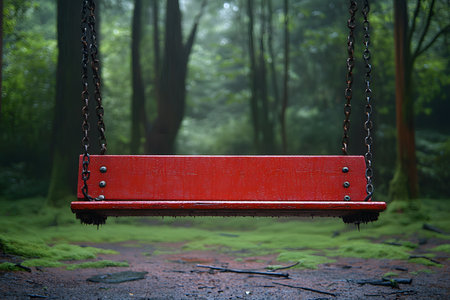 A vibrant red swing hangs in a misty, lush forest setting, evoking feelings of nostalgia and tranquility. the dense greenery and atmospheric fog emphasize solitude and connection with nature., Generative AIの素材