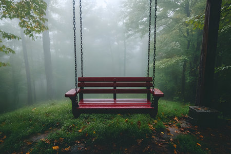 A red swing hangs silently in a misty forest, surrounded by lush green and golden autumn leaves. the foggy atmosphere creates a serene and peaceful mood, perfect for themes of solitude, nature, and reflection., Generative AIの素材