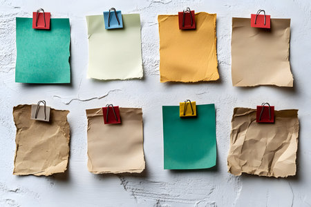 Vibrant paper sheets in various colors like teal, yellow, and beige clipped onto a textured white surface. the crumpled textures and bright clips add a playful, artistic flair, ideal for creative office design and organization concepts., Generative AIの素材