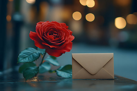 Romantic scene featuring a vibrant red rose beside a sealed envelope on a dimly lit street, capturing a sense of mystery and anticipation, perfect for themes of love, valentine's day, or heartfelt communication., Generative AIの素材