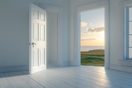 Open door revealing a serene coastal landscape at sunset. warm sunlight floods the pristine white room, creating a sense of peace and new beginnings. ideal for use in designs emphasizing tranquility and opportunity., Generative AIの素材