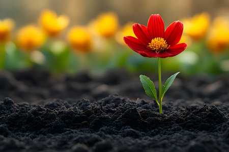 A vivid red flower stands out blooming in dark, rich soil, symbolizing growth and resilience. the blurred yellow flowers in the background create a warm, harmonious contrast and enhance the focus on the red bloom., Generative AIの素材