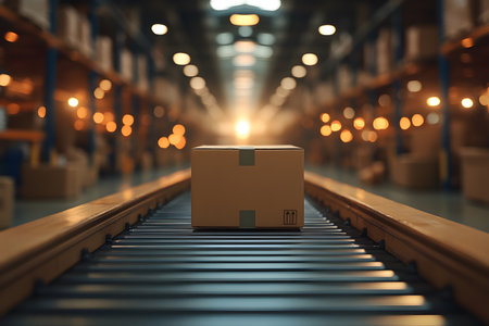 Cardboard box positioned on a moving conveyor belt inside a warehouse environment. the setting showcases an industrial space with organized shelves, concepts of logistics, efficiency, and supply chain management. warm lighting adds a dynamic element., Generative AIの素材