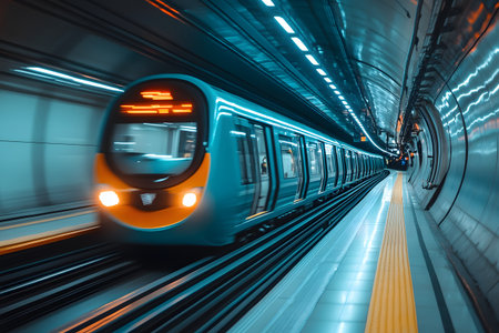 A sleek, modern subway train speeds through an illuminated underground tunnel, showcasing urban transportation's efficiency and technological advancement. the vibrant lighting and motion blur evoke a sense of energy and progress. Generative AIの素材