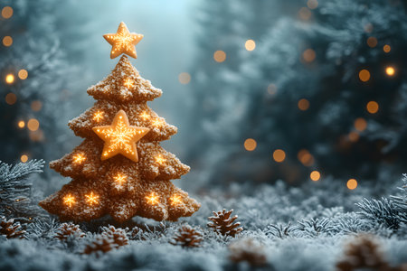 A gingerbread tree adorned with a star topper stands amidst a frosty winter landscape. surrounded by snow-dusted pine cones and blurred bokeh lights, it embodies the festive spirit of a winter wonderland. Generative AIの素材