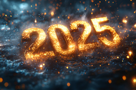 A striking visualization of the year 2025, featuring illuminated golden numbers surrounded by a mesmerizing array of sparkling lights and bokeh effects. perfect for new year celebrations, event promotions, and festive designs. Generative AIの素材