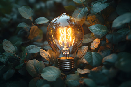 A glowing light bulb nestled within vibrant green leaves, symbolizing eco-friendly innovation and sustainable energy. the contrast between the warm bulb light and rich foliage highlights the balance between technology and nature. Generative AIの素材