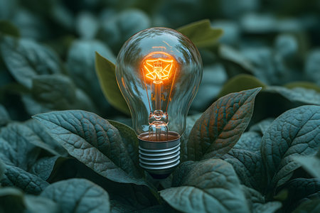 A glowing lightbulb nestled among lush green foliage symbolizes sustainable energy and innovation. the scene highlights the harmony between technology and nature, emphasizing environmental consciousness and eco-friendly solutions. Generative AIの素材