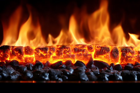 Close-up view of glowing embers and dancing flames in a rustic fireplace. the vibrant oranges and reds create a warm and inviting atmosphere, perfect for cozy settings or design elements focusing on warmth and comfort. Generative AIの素材