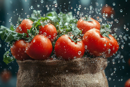 Vibrant red organic tomatoes are displayed with water droplets, their freshness. the tomatoes rest in a rustic burlap sack, creating a farm-fresh, natural aesthetic perfect for culinary and agricultural themes. Generative AIの素材