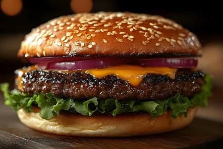 A delicious cheeseburger featuring a juicy beef patty topped with melted cheese, fresh red onion slices, and crisp lettuce. the burger is served on a sesame seed bun, showcased on a rustic wooden board, ideal for foodie designs or menu inspiration. Generative AIの素材