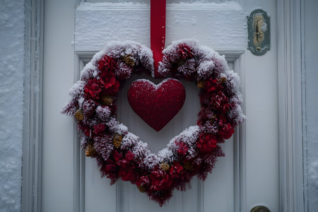 A festive heart-shaped wreath adorned with red flowers and snow-covered foliage hangs on a white door, symbolizing love and warmth during the winter season. perfect for valentine's decor and festive greeting cards. Generative AIの素材