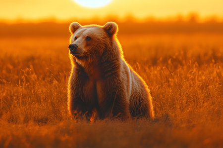 Golden sunlight bathes a solitary bear in an open field, creating a serene and majestic scene. the bear's fur gleams warmly amidst the tall grass, illustrating the harmony of wildlife and natural landscapes. Generative AIの素材