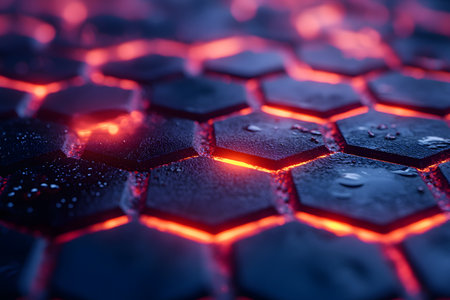 A close-up of a glowing hexagonal pattern, featuring a vivid red and blue color scheme. the texture appears futuristic, with water droplets adding to the intricate and dynamic design, suitable for technology-themed applications. Generative AIの素材