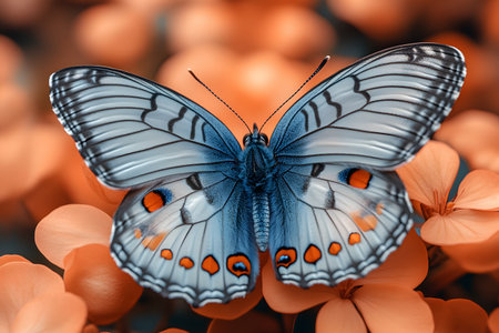 A stunning blue butterfly rests on vibrant peach flowers, showcasing the intricate patterns and vivid colors of its wings. the scene highlights a delicate balance of nature, emphasizing tranquility and elegance. Generative AIの素材