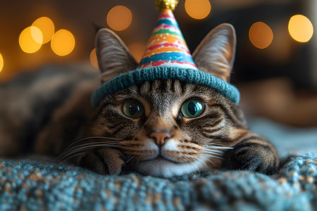 A charming cat wearing a vibrant party hat lies on a textured blanket, surrounded by warm bokeh lights. the scene conveys a festive atmosphere, perfect for holiday celebrations and adding a playful touch to any design. Generative AIの素材