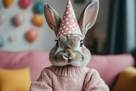 A charming bunny wearing a pink polka dot party hat and cozy sweater is set against a festive backdrop of colorful balloons and a pink sofa. ideal for easter, birthday, and celebration-themed designs. Generative AIの素材
