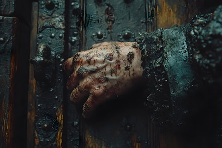 A mud-covered hand grasps a weathered wooden door handle, suggesting themes of mystery, adventure, and ancient history. the dark, textured surfaces evoke a sense of intrigue and exploration. Generative AIの素材