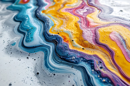 Fluid art in vibrant colors creates dynamic, organic patterns. the flowing blends of blue, yellow, pink, and black form stunning waves and textures. ideal for contemporary designs, decor, and creative backgrounds. Generative AIの素材