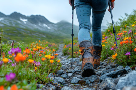 A hiker navigates a rocky mountain trail surrounded by vivid wildflowers, capturing the essence of adventure and natural beauty. the scene emphasizes outdoor exploration and the tranquility of nature. Generative AIの素材