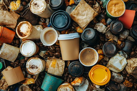 Overhead view of a cluttered assortment of disposable coffee cups, lids, and food packaging waste. the scene emphasizes environmental concerns related to single-use plastics and food waste management. Generative AIの素材