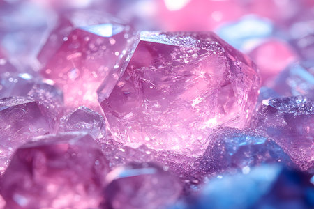 Close-up view of translucent pink and purple crystals creating an abstract and vibrant scene. ideal for use in design, background textures, and modern art inspiration. Generative AIの素材