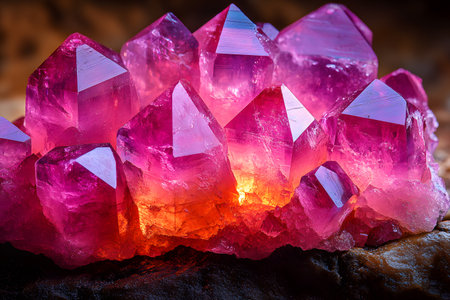 Vibrant pink quartz crystals rest on a textured stone surface. the vivid hues and natural geometric forms highlight the beauty of mineral formations, ideal for geology enthusiasts and interior decor inspiration. Generative AIの素材
