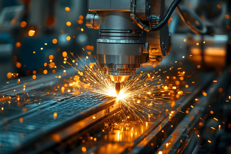 Industrial laser cutting machine precisely slices through metal sheet, creating vibrant sparks. the advanced technology showcases precision engineering in a sleek, modern manufacturing environment. Generative AIの素材
