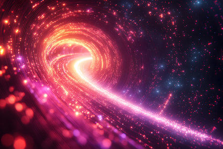 A mesmerizing depiction of a luminous tunnel featuring vibrant swirling particles in pink, orange, and purple hues. the dynamic spirals create an otherworldly, futuristic atmosphere, ideal for sci-fi themes or technology concept illustrations. Generative AIの素材