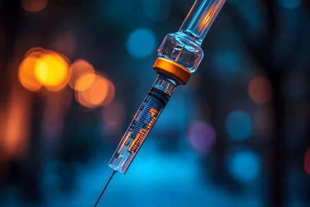 Syringe suspended in focus against a backdrop of vibrant, out-of-focus city lights creating a bokeh effect, showcasing a contrast between sharp detail and blurred luminescence ideal for conceptual design. Generative AIの素材