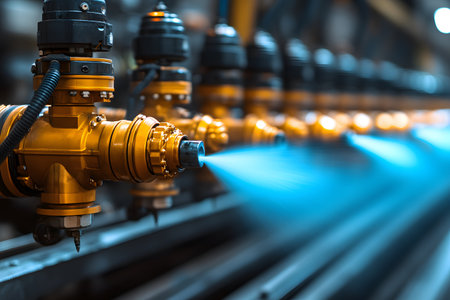 Close-up of an industrial water sprinkler system actively spraying water to cool machinery. multiple brass sprinkler nozzles line the system, advanced engineering and technology in cooling processes for manufacturing environments. Generative AIの素材