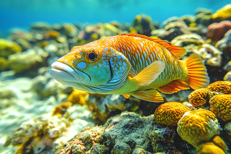 Vibrant fish swimming through a lively coral reef teeming with marine life. the detailed patterns and bright colors of the fish stand out against a backdrop of diverse corals, showcasing the rich biodiversity of the ocean's underwater ecosystems. Generative AIの素材