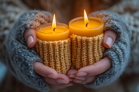 Knitted hand warmers cradle two lit candles, creating a cozy winter ambience. the soft, textured sweaters add warmth and comfort, perfect for holiday decorations or winter-themed designs focused on relaxation. Generative AIの素材