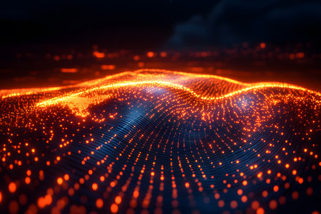 Abstract digital artwork showcasing a vibrant landscape of glowing orange and blue lights forming wavelike patterns. the scene evokes a sense of energy, technology, and futuristic design, ideal for backgrounds or creative projects. Generative AIの素材