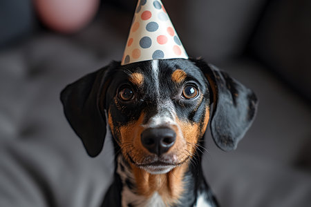 Adorable dog wearing a polka dot party hat, sitting alert on a couch. the focus on the dog's expressive eyes and colorful hat evokes a festive and joyful mood, perfect for birthday themes. Generative AIの素材