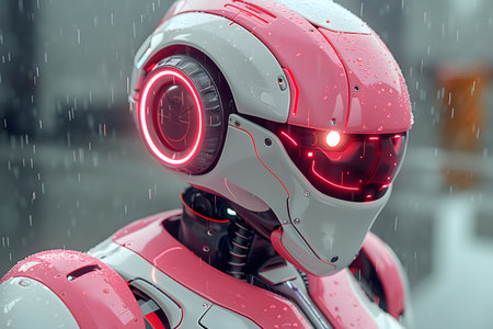 A sleek, humanoid robot with a pink and white color scheme stands in a rainy environment, showcasing advanced cybernetic design. illuminated led elements highlight its modern technological features, creating a futuristic atmosphere. Generative AIの素材