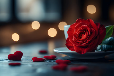 Red rose placed on white saucer with blurred warm lights in the background. scattered red heart decorations create a romantic ambiance. ideal for valentine's day, love, relationships, and romantic-themed projects. Generative AIの素材