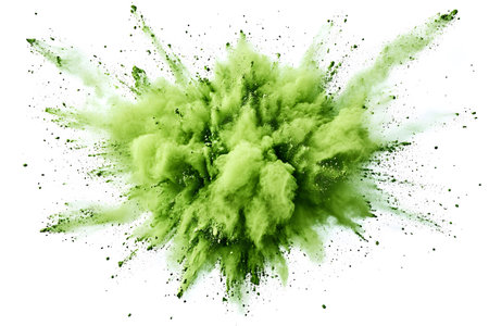 A vibrant green powder explosion spreads dynamically against a white background, creating an energetic and abstract visual. ideal for creative projects requiring a splash of color and movement. Generative AIの素材