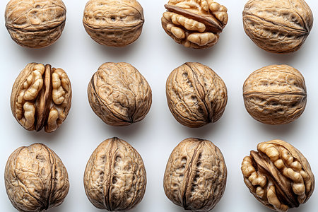 Walnuts are neatly arranged in three rows against a clean white backdrop, their unique textures. this composition emphasizes natural food elements, suitable for health, nutrition, and culinary presentations. Generative AIの素材