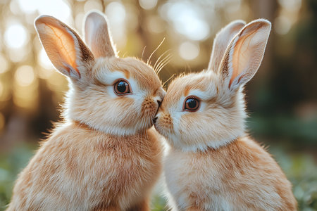 Two fluffy baby bunnies with soft, golden fur gently touch noses in a serene, sunlit forest. their expressive eyes and delicate ears highlight the innocence of wildlife, perfect for easter-themed and nature-focused imagery. Generative AIの素材