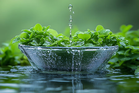 Fresh green leaves rest in a clear glass bowl filled with water, as droplets cascade gracefully from above. the surrounding lush greenery and reflective surface evoke a sense of tranquility and harmony with nature. Generative AIの素材