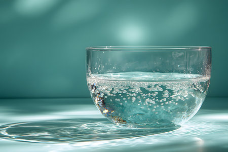 Glass of sparkling water set against a turquoise backdrop, with sunlight casting intricate shadows and light reflections. the scene conveys refreshment, clarity, and tranquility through minimalist composition. Generative AIの素材