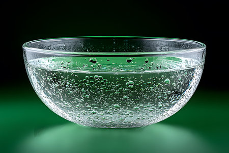 Transparent glass bowl containing sparkling water with effervescent bubbles, set against a vibrant green background. the image highlights the clarity of the glass and the texture of the bubbles, creating a refreshing visual effect. Generative AIの素材