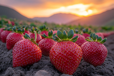 Vibrant strawberries glisten in the golden glow of sunset, nestled in rich soil with rolling hills in the background. essence of freshness, natural beauty, and the agricultural bounty of strawberry farming. Generative AIの素材