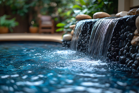 A backyard waterfall cascades gently over smooth stones into a serene pool, surrounded by lush greenery. this tranquil setting is ideal for relaxation and adds a natural, calming element to outdoor spaces. Generative AIの素材