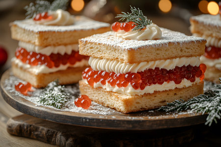 Exquisite gourmet dessert featuring layers of light sponge cake, rich whipped cream, and vibrant red caviar. garnished with a dusting of powdered sugar and sprigs of greenery, perfect for elegant holiday gatherings or luxurious dining experiences. Generative AIの素材