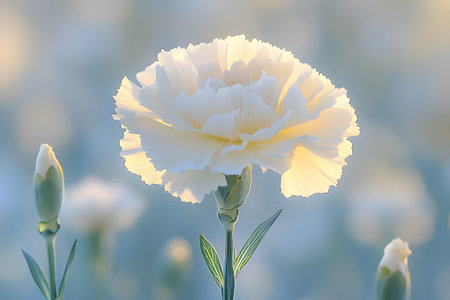 Elegant white carnation in soft focus, beautifully highlighted by warm sunlight. delicate petals and unopened buds create a tranquil, serene atmosphere perfect for nature-themed art or floral wallpapers. Generative AIの素材